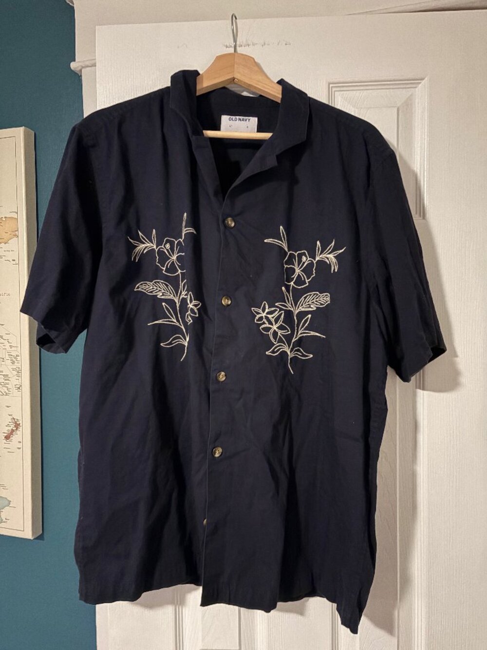 Old Navy Navy Embroidered Floral Camp Collar Shirt Hibiscus Short Sleeve Size L